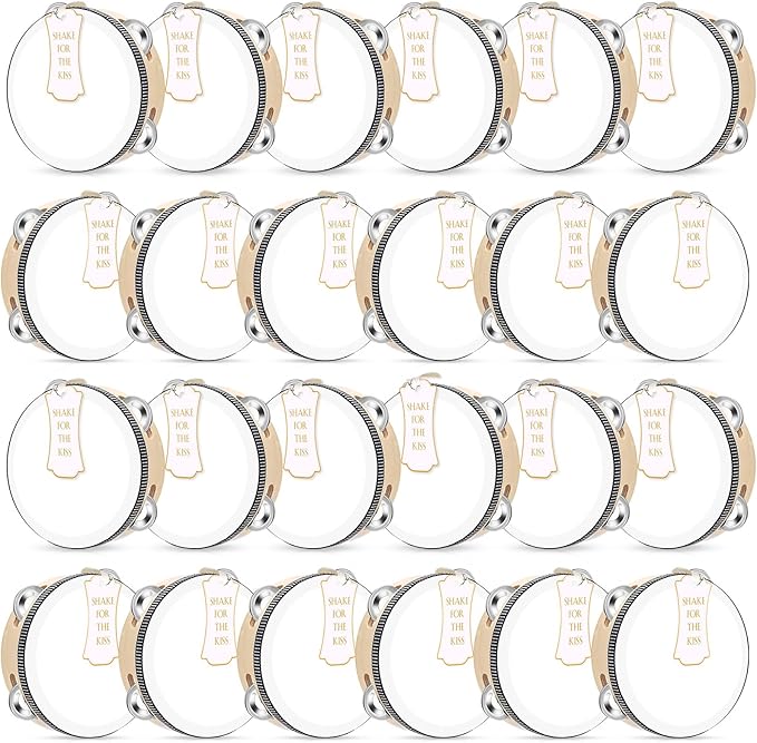 24 Set 6 Inch Tambourine for Adults Wooden Hand Held Drum with Metal Jingles, Gift Tags, White I Love You Printed Ribbon Percussion Gift Musical Instrument for Church Wedding Party Favor