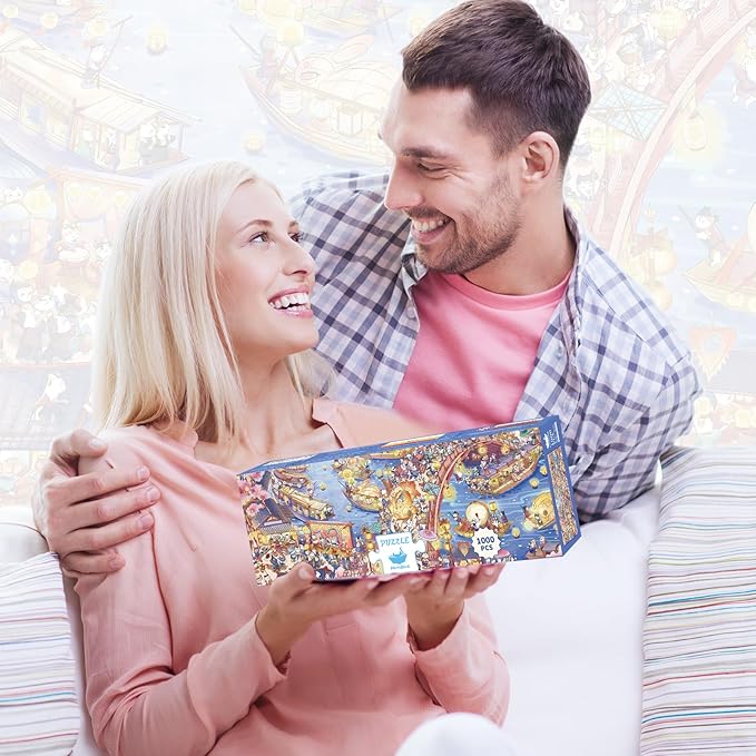 MOMIBOOK Puzzles for Adults 1000 Pieces Jigsaw Puzzles of Civet Cat River View, Painting Image Chinese Cat Puzzle Challenging Hard Impossible Puzzle Unique Funny Party Christmas Birthday Gifts