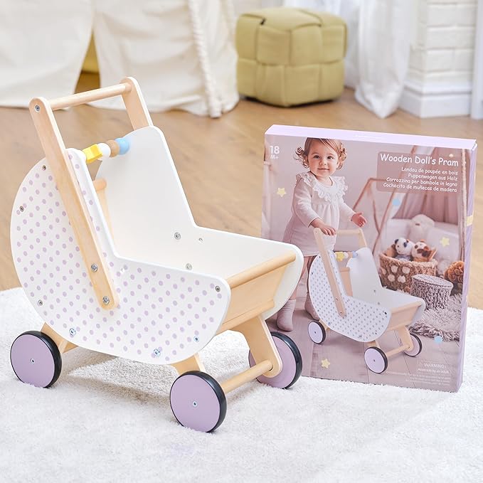 Wooden Baby Walker & Doll Stroller – Adjustable Handle Push Cart, Anti‑Tip, Quiet Wheels, Pretend Shopping Cart – Montessori Wooden Walker for Babies, Doll Stroller for Toddlers 12m+