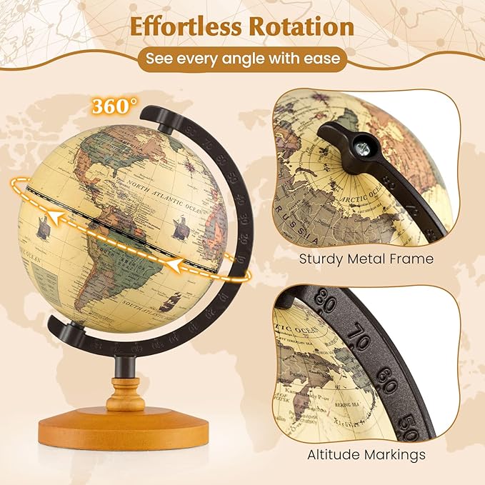 COSTWAY Antique Globe Dia 5.5-Inch, Mini Rotating World Globe w/Wooden Base, Modern Map & Vintage Color, For Kids & Adults' Geography Educational Learning, Desktop Decoration for Home Office School