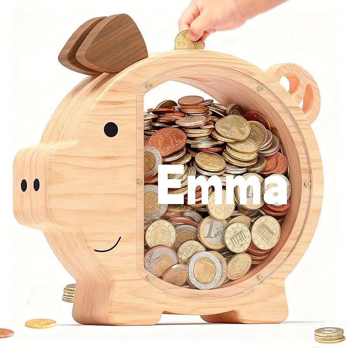 Personalized Wooden Piggy Bank for Kids Large, Custom Name Money Bank for Boys Girls, Cute Unbreakable Wood Savings Jar Money Box, Birthday for Child, Room Décor