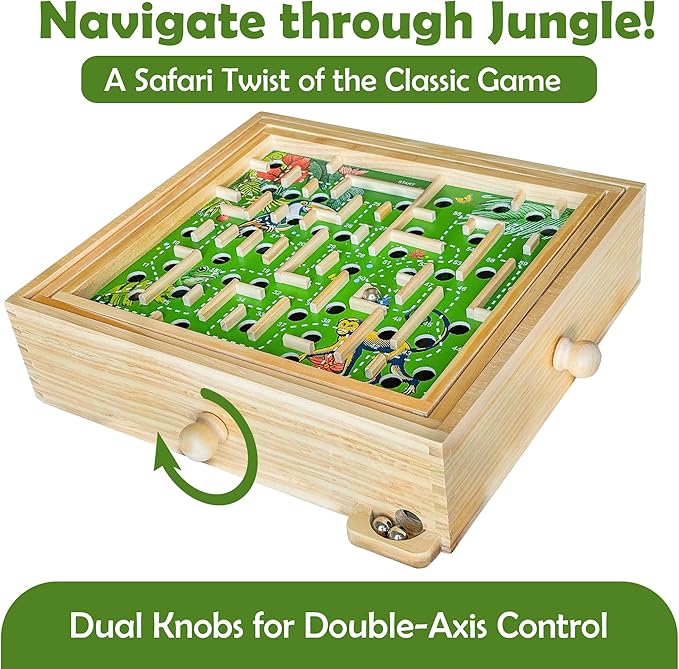 STERLING Wooden Labyrinth Marble Maze Game, Large 12.75" x 11.5" Tilt Maze Game Board with 60 Waypoints and Marble Balls Included, for Kids and Adults 6 Years and Up, Natural Jungle