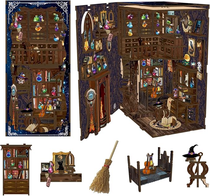 Book Nook Kit - DIY Miniature Dolls House Kit with Furniture and LED Light, 3D Puzzle Wooden Art Bookends, Model Kits for for Adults and Teens (Magic Potion Shop)