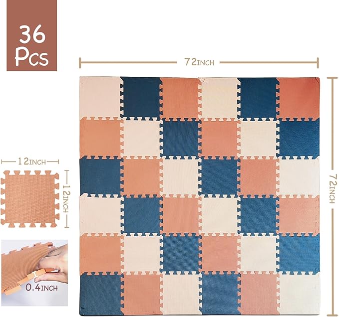 TCBunny Kids Soft EVA Foam Jigsaw Puzzle Play Mat, 18 Interlocking Tiles and Edges Baby Play Mat, for Kids Gym, Nursery, Playroom, Pet Mat, Total Floor Coverage 16 Sq Ft