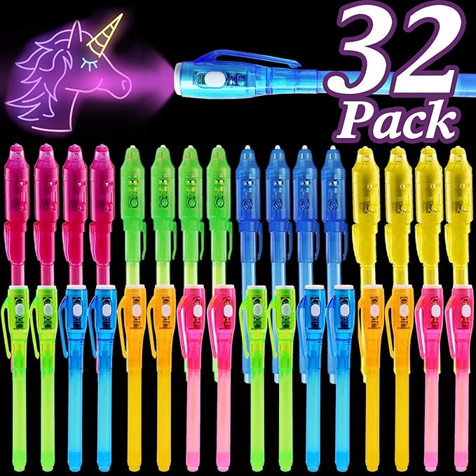 iGeeKid 32 Pack 2 Style Invisible Ink Pen with UV Black Light Party Favor for Kids 8 12 Secret Spy Pens Magic Disappearing Ink Markers Clasroom Prize Birthday Gifts Halloween Goodie Bags Stuffers