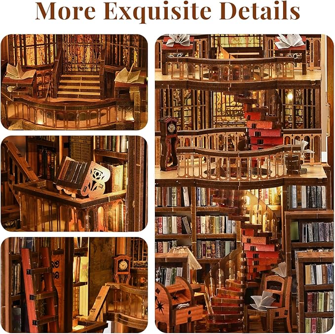 Book Nook Library Kit, DIY Miniature Dollhouse Booknook Kit, 3D Wooden Puzzle Bookend Bookshelf with LED Light for Adults Teens (Abbey Library)