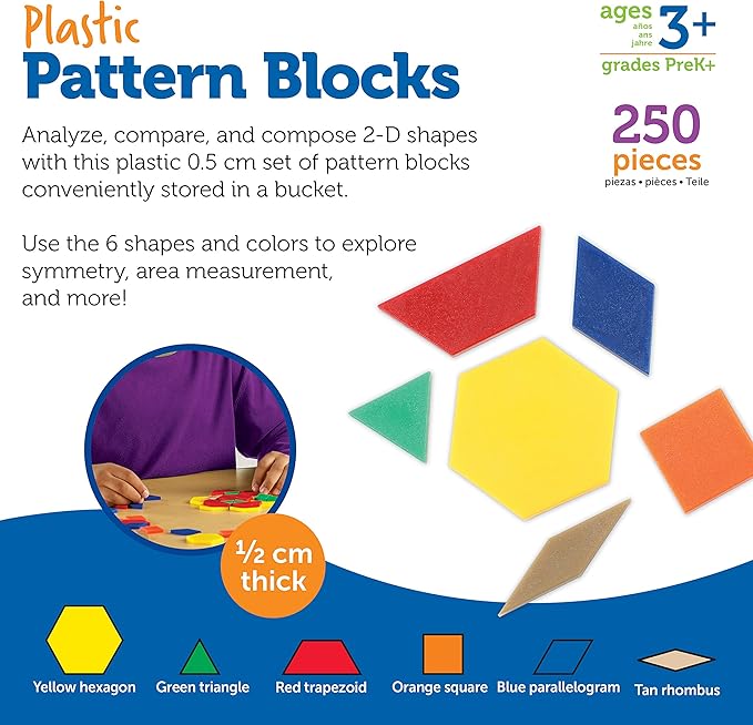 Learning Resources Plastic Pattern Blocks - Set of 250, Ages 3+, Shape Games for Preschoolers, Homeschool Supplies, Shape Manipulatives for Kids,Back to School Supplies,Teacher Supplies