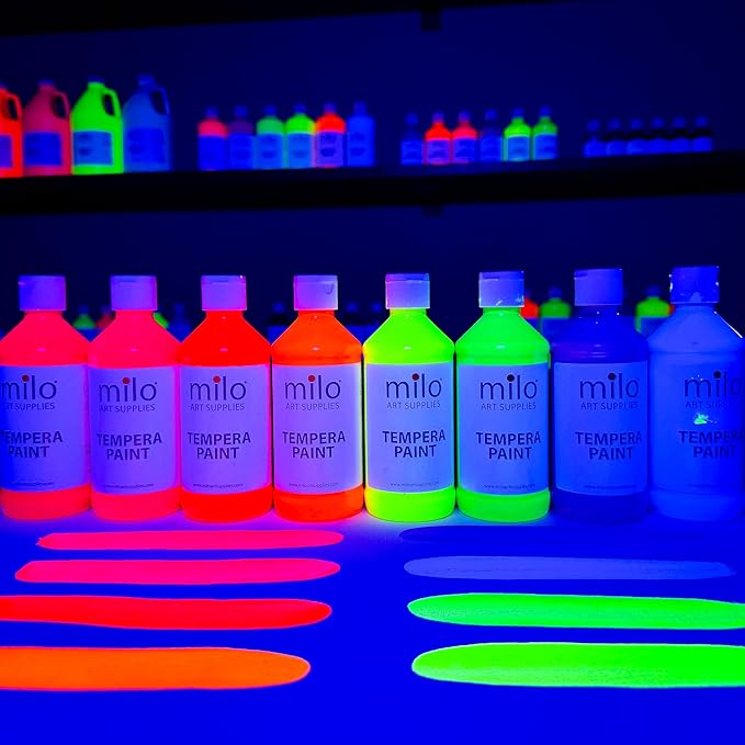 milo Fluorescent Neon Washable Paint for Kids | 8 oz Bottles 8 Colors | Made in the USA | Glows UV in Black Light | Safe & Non-Toxic Tempera Paint for Art & Craft, Poster, Window, for Children, Toddler, Classroom, School
