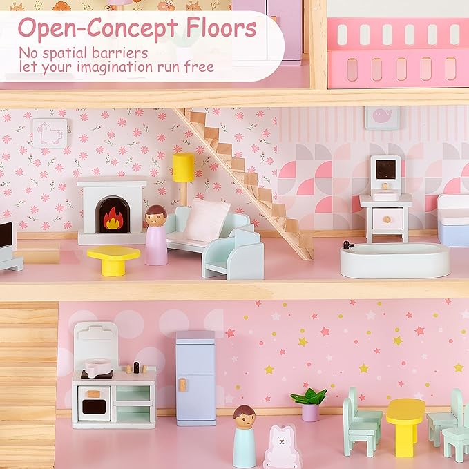 Large Wooden Dollhouse, 3-Story Doll House with 38-Pcs Furniture & Accessories, Open-Concept Floors, Balcony, Flip-Over Snow Roof, Pretend Play Doll House Gift for Kids Ages 3+