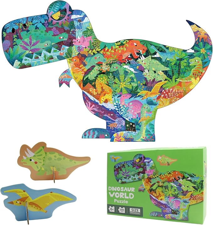 Dinosaur Puzzles for Kids Ages 6-8 Years Old 295 Piece Jigsaw Puzzles Unique Animal Shape Floor Puzzle Ages 8-10 Learning Educational Toys Birthday Gift for Boys Girls Ages 10-12