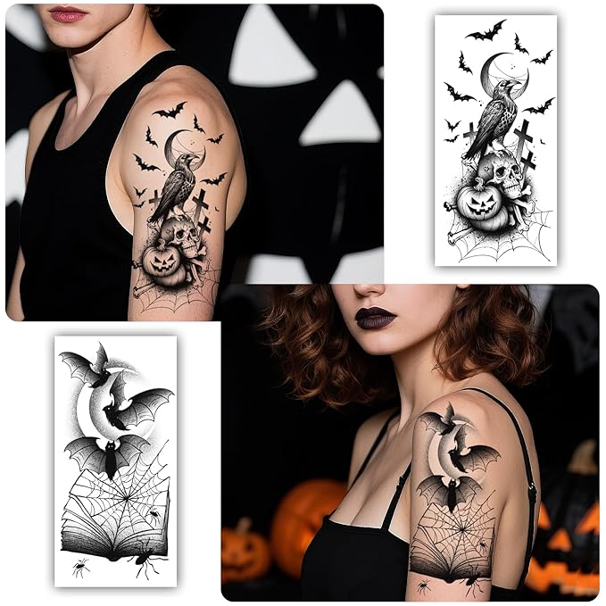 77 PCS Halloween Temporary Tattoos Adult Kids, 17 PCS Half Sleeve Pumpkin Bat Crow Witch Skull Fake Tattoos, 60 PCS Spider Cat Ghost Scar Tiny Realistic Face Body Tattoos Stickers