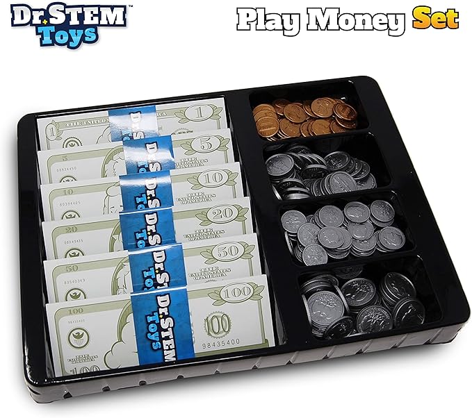 Dr. STEM Toys Play Money for Kids: Durable Boxed Set Provides 400 Pieces of Realistic Fake Money Bills & Fake Coins for Pretend Play, Helps Kids Learn Financial Responsibility & More