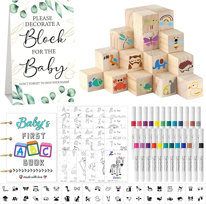 146 Pcs Baby Shower Game Sign Set Includes Decorative Square 56 DIY Blank Wooden Blocks 24 Paint Markers 27 Page Baby‘s First ABC Book (Leaf)