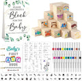 146 Pcs Baby Shower Game Sign Set Includes Decorative Square 56 DIY Blank Wooden Blocks 24 Paint Markers 27 Page Baby‘s First ABC Book (Leaf)