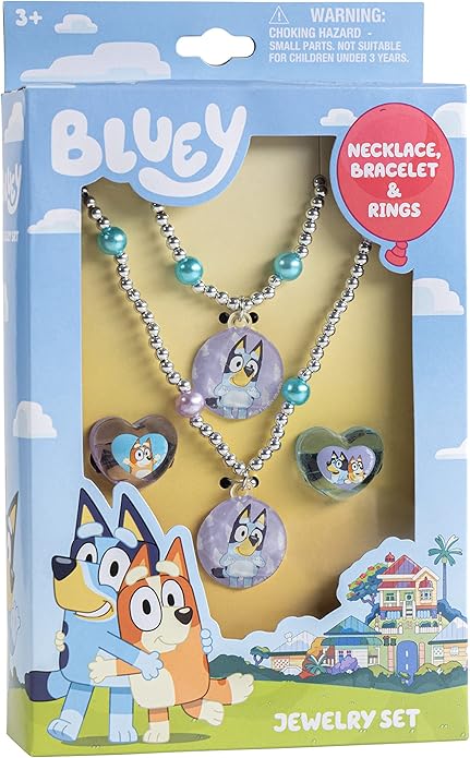 LUV HER Girls 4 Piece Costume Toy Jewelry Box Set with Silver Rings, Bead Bracelet and Necklace Ages 3+