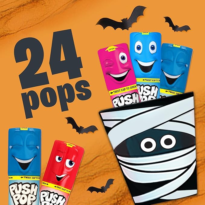 Push Pop Halloween Candy Variety Pack, 24Ct Bulk Individually Wrapped Lollipops for Party Favors in Assorted Flavors, Full Size, Fun Hard Candy For Birthday, Trick or Treat, Halloween Bowls, Gifts