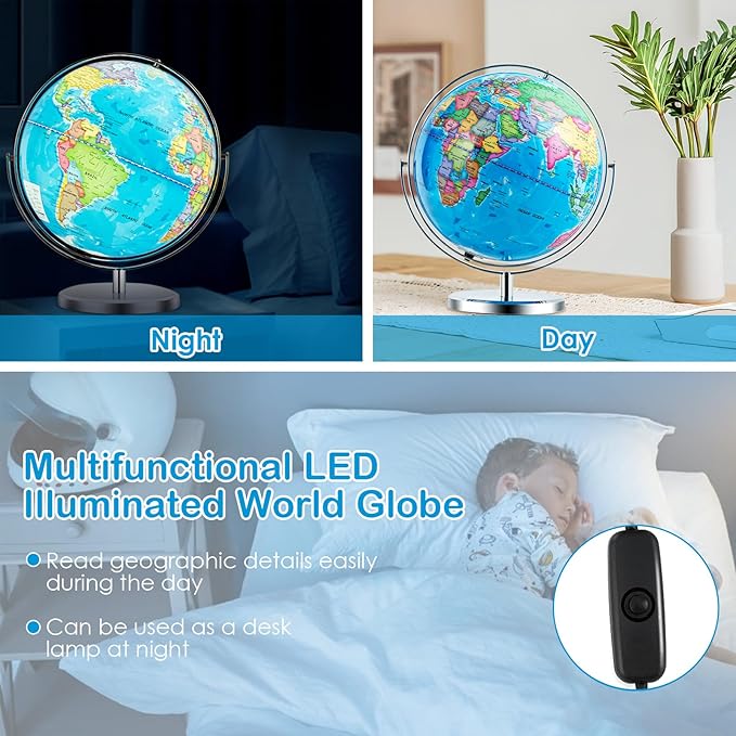 Goplus 13" Large World Globe with Stand, 720° Rotating Illuminated Globe with LED Lights, Metal Base, Desktop Educational Geographic Globe for Learning, Classroom, Office