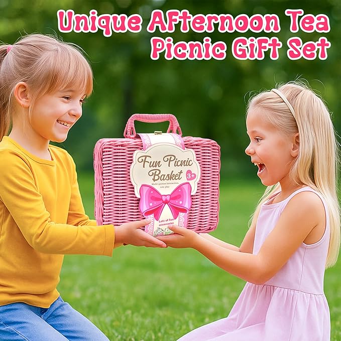 Pink Pretend Afternoon Tea Party Set with Storage Basket, Play Food & Accessories for Girls, Tea Party Set for Toddlers Indoor Outdoor Pretend Play, Kids Picnic Basket Toy Gift for Ages 3-8