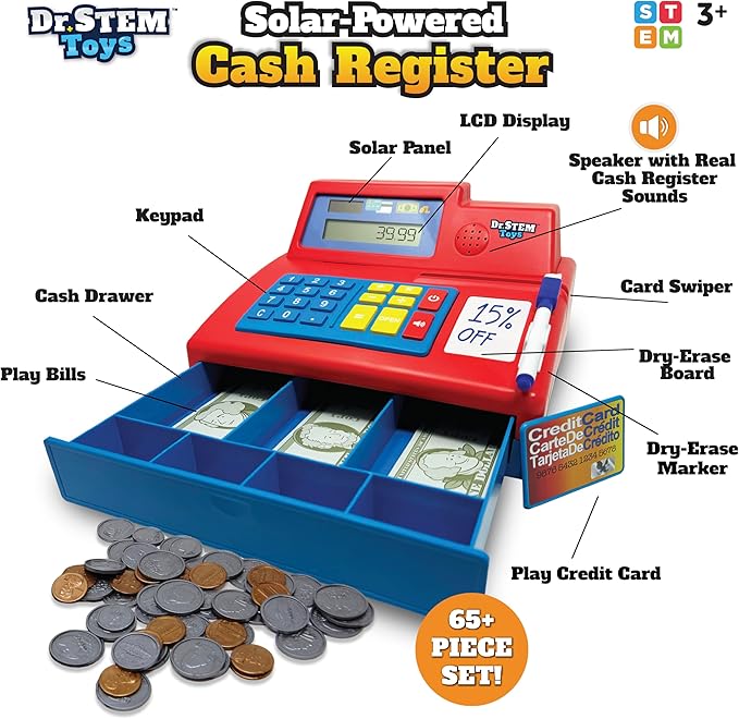 Dr. STEM Toys Solar Powered Calculator Pretend Cash Register with Play Money – 67-Piece Set for Learning Math Skills, STEM Cash Register for Kids, Red