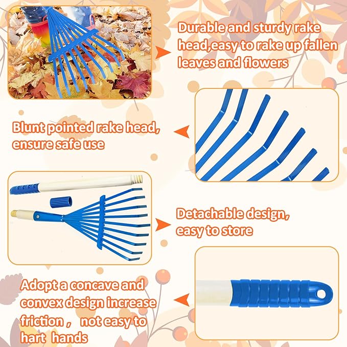 2PCS Kids Rakes for Leaves, 28" Child Size Garden Yard Rake Childrens Lawn Rake Toddler Leaf Rakes Blue Red Metal Head with Detachable Hardwood Handle Great Gardening Tools for Boy Girl