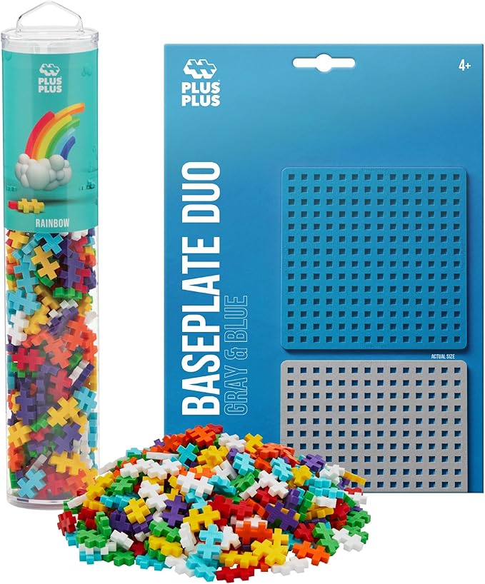 PLUS PLUS 240 Piece Interlocking Building Blocks for Kids, Open Ended Connecting Toys, STEM Bin Mini Manipulatives - Rainbow Mix Play Tube & Baseplate