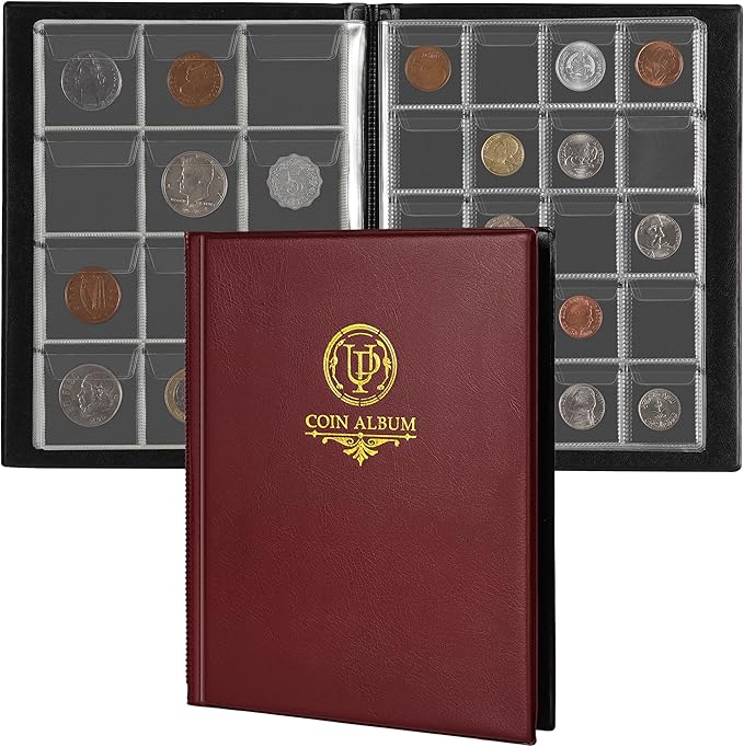 160 Pockets Coin Album - 10 Sheets Mixed Sizes Coin Holder 45x43/33x33 mm Collecting Grid for Pounds Pence Cents (Red) CS48160RE