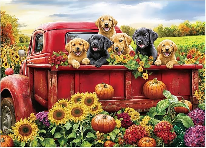 Dog Truck Flower Puzzle 1000 Pieces for Adults, Farm Fall Autumn Sunflower Jigsaw Puzzle, Animal Country Vintage Funny Puzzles
