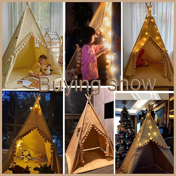 Kids Teepee Tent with Lights &Large Pompoms & Carry Bag, Machine Washable Tent for Kids Indoor, Toddler Teepee for Girls & Boys（Without Mat）