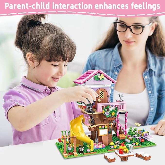 Creative Treehouse Building Blocks Toy Summer Tree House with Animals, Slide, and Picnic Table Fun Garden Playset for Girls and Boys