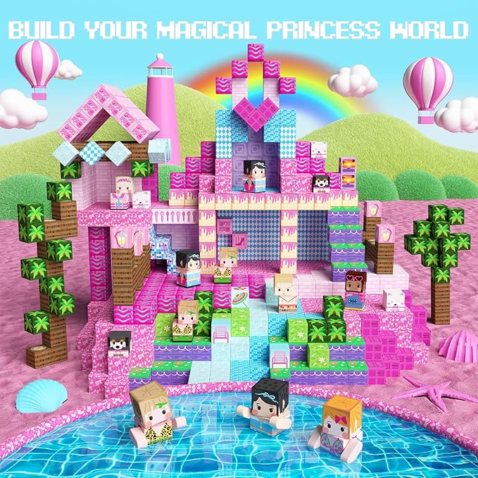 GobiDex 100PCS Magnetic Blocks Princess Building Toys for Girls 3+, Magnet Pink Castle STEM Sensory Playsets for Toddler Kids Birthday Gifts