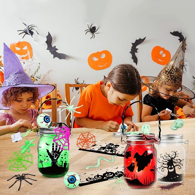 AuroTops Halloween Crafts for Kids,8 Pack Halloween Mason Jar Kit with Accessories for Kids DIY Kit,Art Activities Gifts for Kid Party Favors Decorations for Classroom,Trick or Treat Toy
