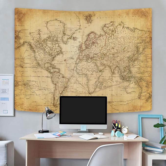Old World Map Tapestry, Vintage Geographical Distribution Wall Hanging, Brown Historical Atlas Educational Poster for Wall Classroom Bedroom Living Room Office 60x40 Inch