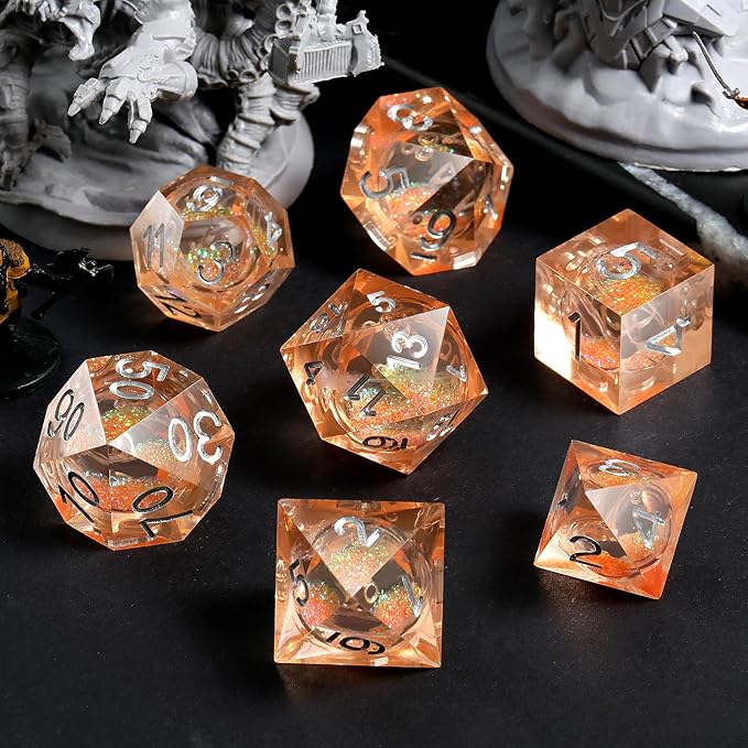 Liquid Sharp Edge D&D Dice,DNDND 7PCS Liquid Filled Risin DND Dice with Gift Case for Dungeons and Dragon Game (Light Orange)