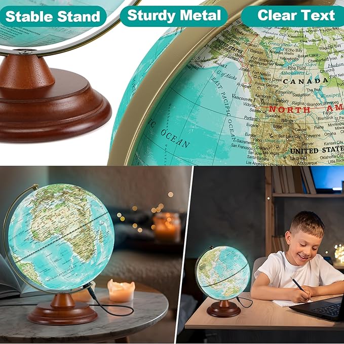 Illuminated Globe of the World with Wooden Stand, 8'' World Globe for Kids & Adults' Learning Built-in LED Night Light, Home Office Classroom Decor Geography Gifts(Elegant Turquoise)