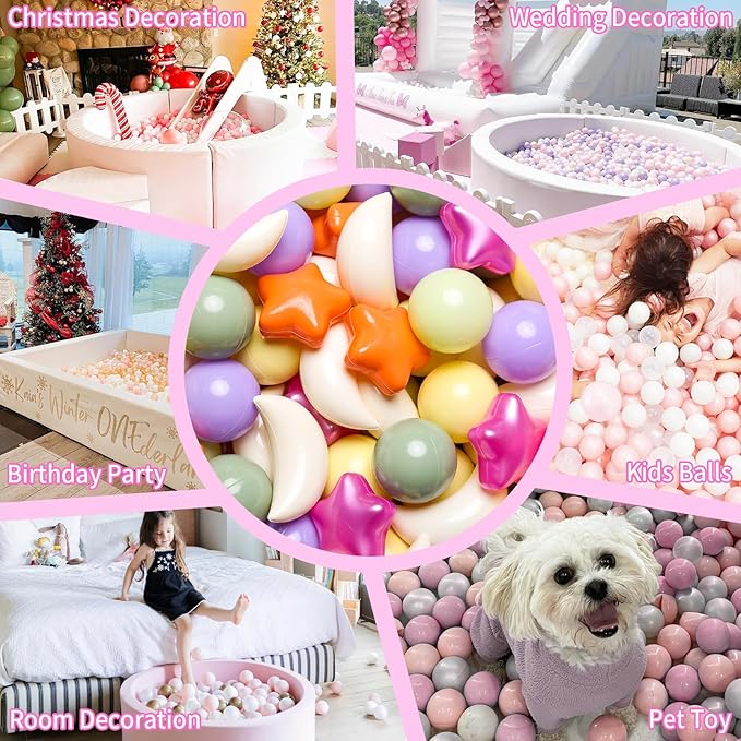 GOGOSO Ball Pit Balls Stars Moon Shapes Plastic Pitballs for Toddler Play Tent Baby Photo Props Kids Pool Water Toys Kiddie Pool Party Decor,Orange Green Purple,100pcs