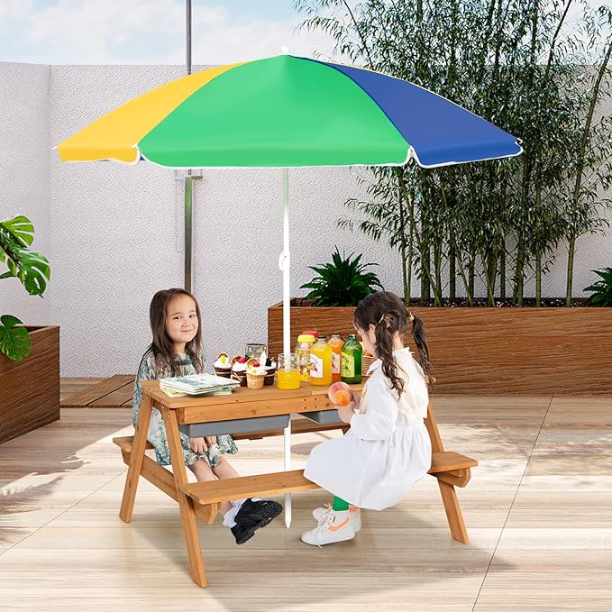 Costzon Kids Picnic Table with Sensory Bins, 4 in 1 Sand and Water Table with Height Adjustable Umbrella, Removable Tabletop, Wooden Kids Outdoor Table for Backyard Patio Play