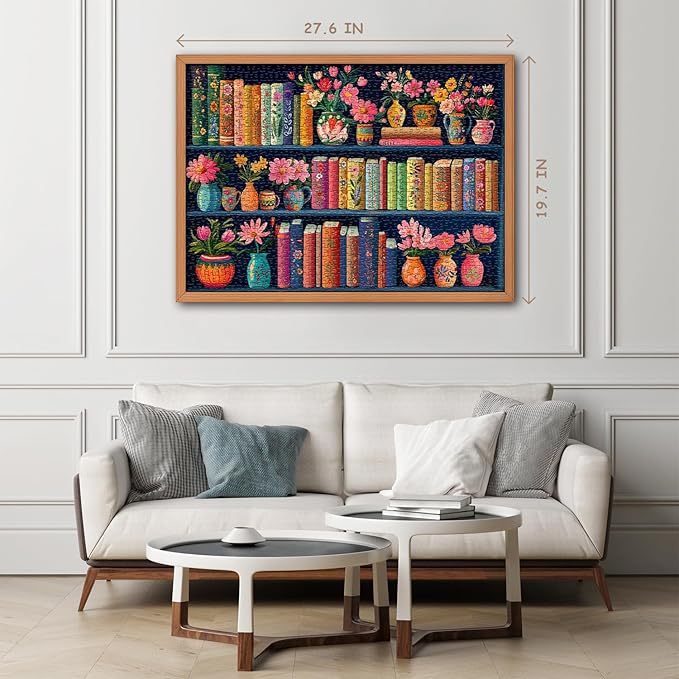 Blooming Bookshelf Jigsaw Puzzles 1000 Pieces, PICKFORU Wildflower Pages Puzzle, Plant Floral Flowers Books Literary Themed, Colorful Art Library Impossible Challenging Puzzles for Adults