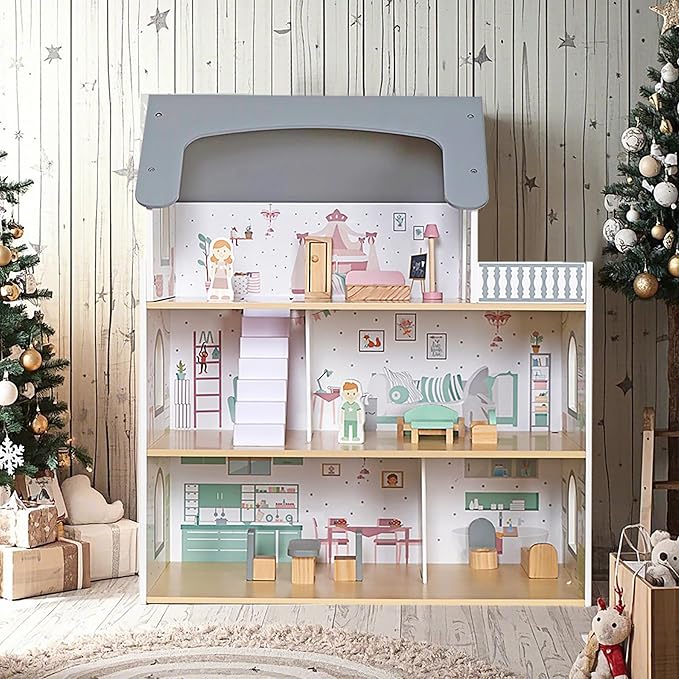 Wooden Dream Playhouse for Girls with Balcony,Doll House for Kids with Furniture,DIY Pretend Play House Toy, Children Dollhouses Toys with 12 PCS Accessories,Birthday Gifts for Boys Girls Ages 3+