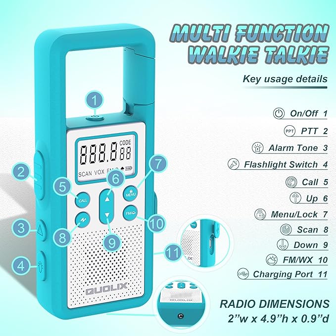 Walkie Talkie,with FM/NOAA, Weather Alert, LED Flashlight-USB Charging,Flashlight for Field, Survival Biking Hiking Camping（Blue Rose）