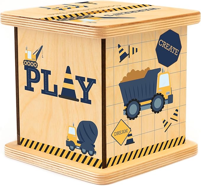 Wooden Piggy Bank for Kids and Adults, Personalized Gift Handmade in USA by BloomOwl, Custom Piggy Bank, Personalized Banks for Kids, Gifts for Baby Boys and Girls (Construction- Navy)