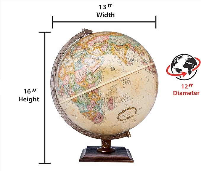 Replogle World Classic Globe, 12" Desktop World Globe For Home or Office Desk Decor, Raised Relief, Up-to-date Cartography, Made in the USA, Antique (Brown B)