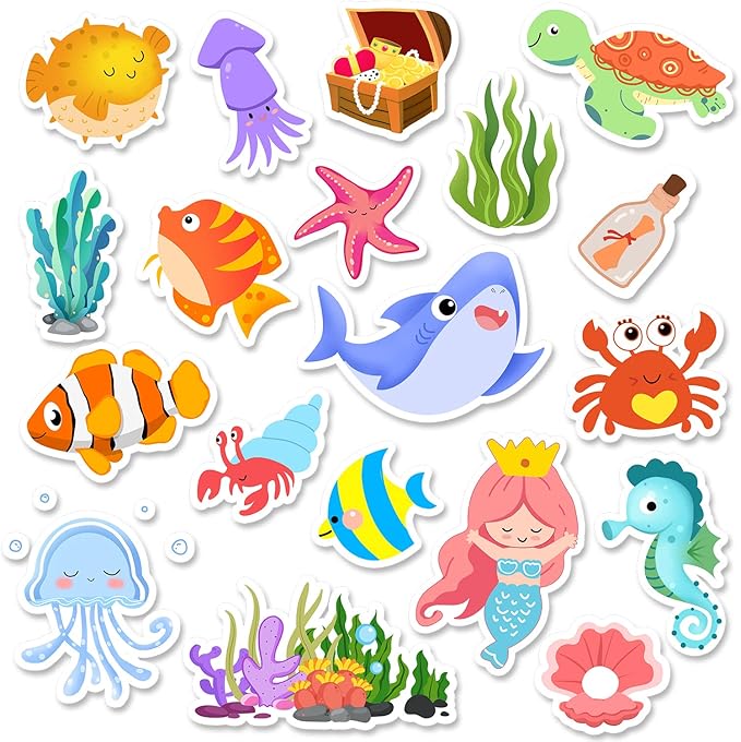 Sea Animals Gel Clings for Kids, 21PCS Thick Vinyl Decals, Cartoon Animal Stickers for Classroom, Home, Nursery, Airplane Birthday Party Supplies, Reusable, Water Resistant, Indoor Usage