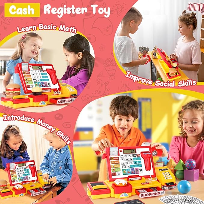 Cash Register for Kids with Scanner Realistic, Pretend Play Toy Cash Register with Fast Food/Fake Money/Credit Card/Calculator/Microphone Gift Ideas for Toddlers Girls Boys 3-5 4-8, Yellow