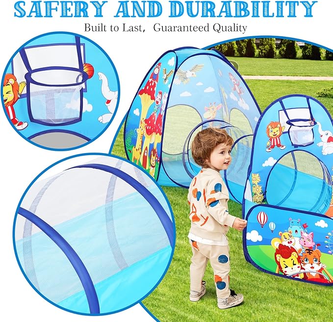 PigPigPen 3 in 1 Kids Play Tent with Tunnel and Ball Pit for Boys Girls, Toddler Pop Up Playhouse Toy for Indoor Outdoor (Jungle 3pc Play Tent)