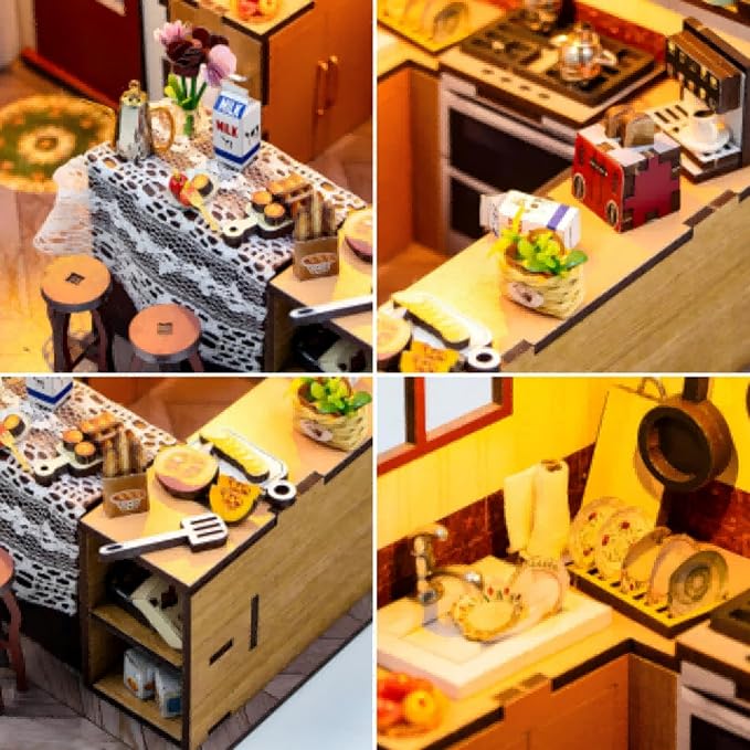 DIY Miniature House Kit, Tiny House Kit with LED, DIY Miniature Kit for Adults Teen, Wooden Dollhouse Kit, Home Decor, Kitchen
