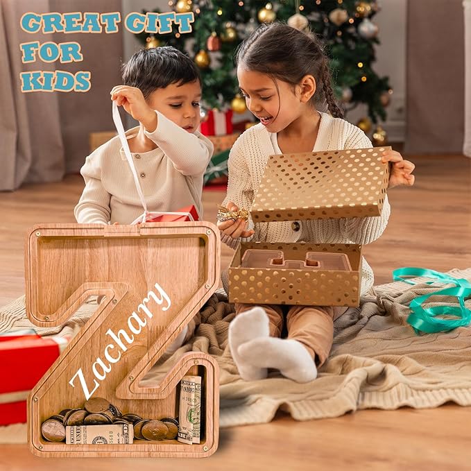 Wooden Letter Piggy Bank for Kids Larger Letter Piggy Bank for Boys and Girls Personalized Piggy Bank Initial Coin Bank Wood Kids Money Bank for Birthday and Festival