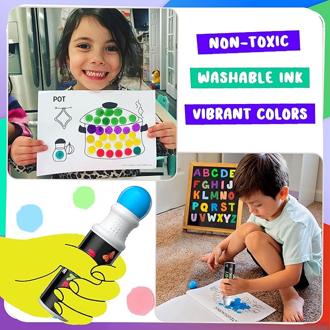 Chalkola 6 Washable Dot Markers for Toddlers 1-3 | Non Toxic Bingo Daubers for Toddlers 2-4 | Preschool, Kindergarten Paint Stamp Markers Set - Dot Art and Crafts Supplies for Kids