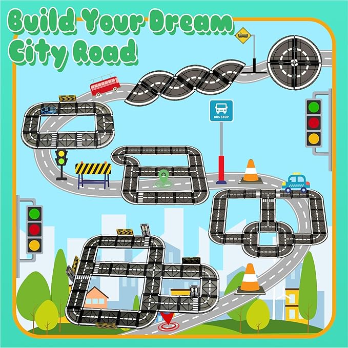 Magnetic Tiles Road Set with Pullback Car, Magnetic Tiles for Kids Ages 3-5 4-8, Magnet Building Tile for Toddler Kids Boys Girls, Creative STEM Building Toy & Learning Educational Magnet Toys