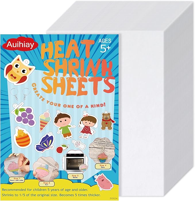 Auihiay 50 pcs Mini Shrink Plastic Sheets, Heat Shrinky Sheet for Kids, DIY Shrinking Art Creative Crafts, Great Mothers Day Gifts Christmas Ornament, 6 x 4 inch / 15 x 10 cm