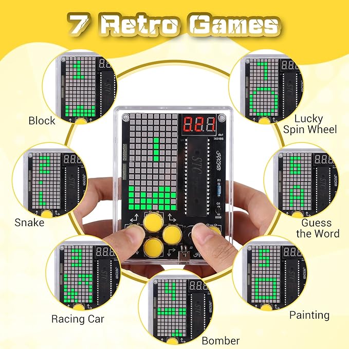 7-in-1 Game Soldering Practice Project Kit, PEMENOL DIY Retro Handheld Game Console with Adjustable Difficulty Levels and Pause Feature, Ideal for STEM Education College High School
